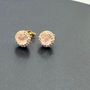 14K Rose Gold Round Prong Blush Morganite and Diamond Halo Stud Earrings